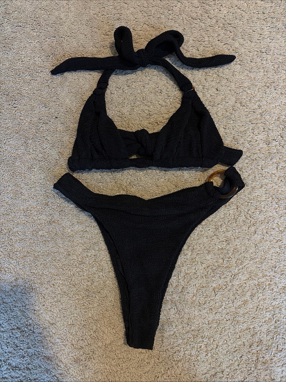 Monday Swimwear Black Crinkle Morocco Top Antigua Bottoms Bikini Medium/Large